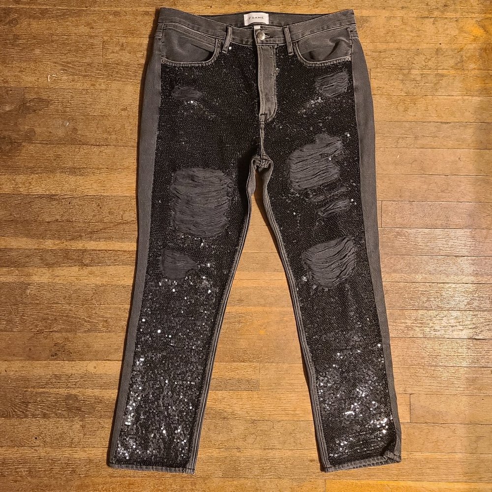 NEW NWT! FRAME DENIM SEQUIN BASQUE RIPS jeans destructed ankle cut sz 28 - Picture 2 of 7